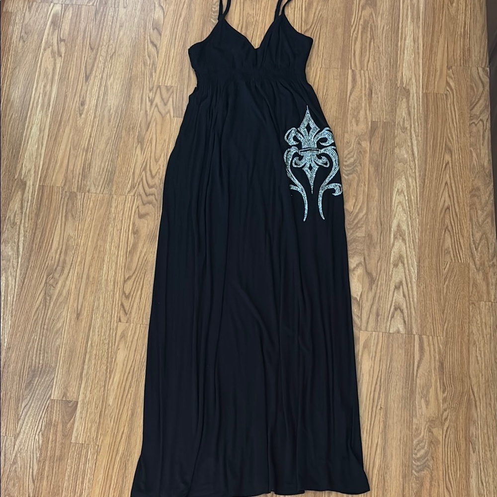 Dress with Silver Embellishment Elegant Black Maxi Size Large L NWT